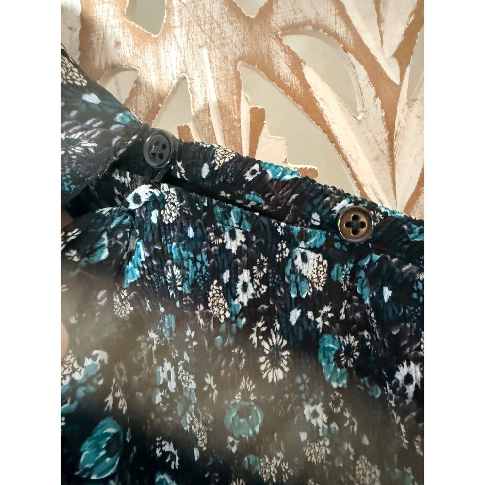 Zara Women Teal Black Floral Plisse Mini Dress Tie Neck Ruffle Long Sleeve Large - Picture 5 of 11